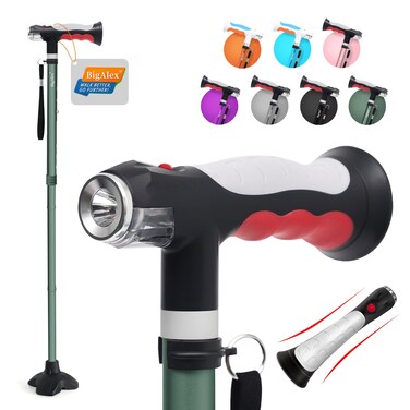 BigAlex Folding Walking Cane with Two Led Lights for Elderly Solid Base Adjustable Walking Stick with Carrying Bag for Men Women