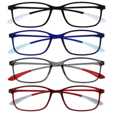 OPULIZE ICE Reading glasses for Women MenScratch Resistant Rectangular frame with Spring Hinges BlackDark BlueGreyDark Red 15 Pack of 4