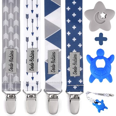 Dodo Babies Pacifier Clip Teether Toy Set Universal Pacifier Holder Loop Silicone Teethers for Baby Teething Toys 6 Piece Set Blue Gray