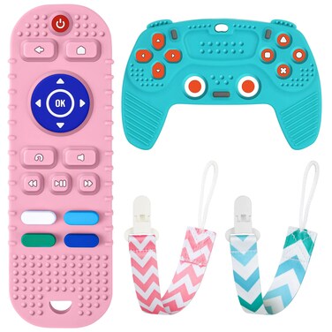 Aolso 2PCS Silicone Baby Teething Toys Remote Control Shape Teething Toys and Game Controller Teether Toy with 2PCS Pacifier Clip BPA Free Silicone Remote Teether for Baby 3 MonthsFrozenBulePink