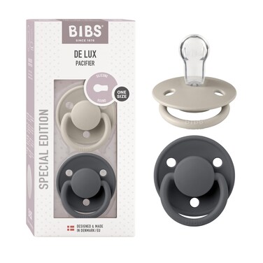 BIBS Pacifiers OneSize 2Pack Soothers BPAFree Symmetrical Nipple Made in Denmark SandIron De Lux Pacifier