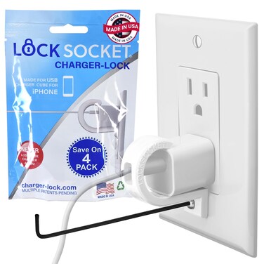 LOCK SOCKET USB Charger Lock 4PK AntiTheft ChildSafe Lock System Compatible with Original iPhone Cube Chargers Safety Device to Prevent Unplugging Made in USA