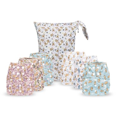 Simple Being Reusable Cloth Diapers Double Gusset One Size Adjustable Washable Soft Absorbent Waterproof Cover EcoFriendly Unisex Baby Girl Boy six 4Layers Microfiber Inserts Monkey