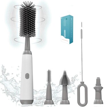 WHNL Electric Bottle Brush Set 360Automatic Bottle Brush Cleaner with 3 Sizes Replaceable Silicone Bottle Brush and Extension Handle for Long BottlesStraw Cleaner BrushIPX65 RechargeableGrey