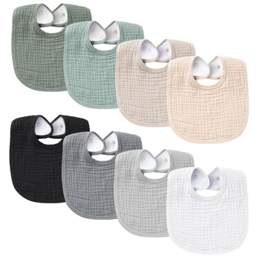 Konssy 8Pack Muslin Baby Bibs Adjustable Fit for Drooling and Teething