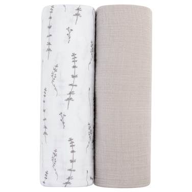 Ely'sElys Co Muslin Swaddle Blanket 2Pack 100 Cotton Muslin ExtraLarge Swaddle Blankets 47 x 47 Solid Printed Forest Grey Delicate Leaves Solid Pebble Grey