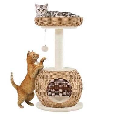 Yaheetech Small Boho Cat Tree wWoven Rattan Perch and Scratching Post