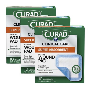 Curad Super Absorbent Wound Pad Medium 4 x 4 10 Count 3 Pack