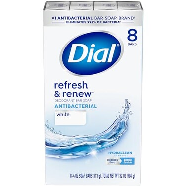 Dial Antibacterial Bar Soap, RefreshRenew, White, 4 oz, 8 Bars