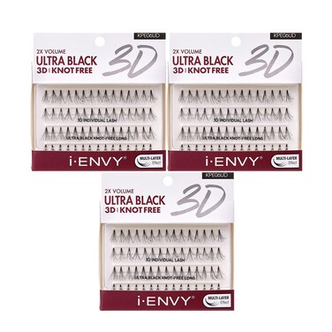 iENVY 2X Volume 3D Ultra Black Individual Lashes 3 PACK Knot Free Long