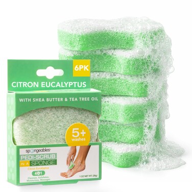 Spongeables Pedi Scrub Foot Exfoliating 5 Wash Sponge Citron Eucalyptus 6 Count