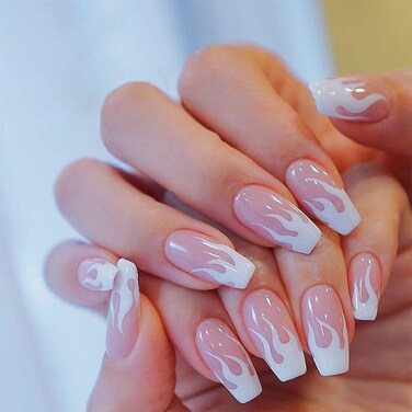 MISUD Press on Nails Medium Coffin Fake Nails Acrylic Pink White Flame Design 24 pcs