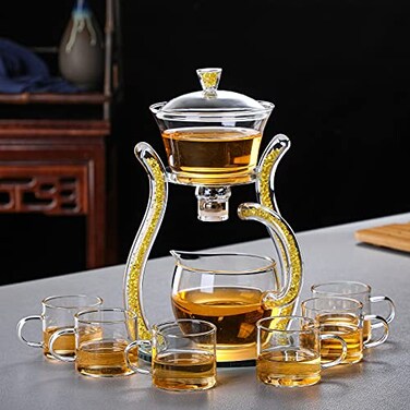 RORA Lazy Kungfu Glass Tea Set Semi Automatic Drip Rotating with Infuser Glass Teapot Set 6 cups