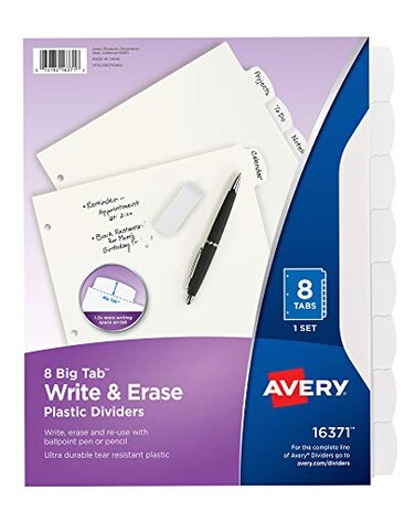 Avery Big Tab Write Erase Durable Plastic Dividers for 3 Ring Binders 8Tab Set White 1 Set 16371