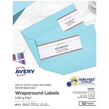 Avery Printable Wraparound Rectangle Labels 785 x 175 Textured White 50 Customizable Labels 22838