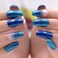 MISUD Press on Nails Medium Coffin Glue on Nails with Blue Ombre Acrylic Bling Glitter Design 24 pcs