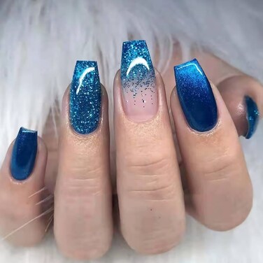 MISUD Press on Nails Medium Coffin Glue on Nails with Blue Ombre Acrylic Bling Glitter Design 24 pcs