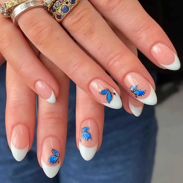 RikView French Tip Press on Nails Medium Fake Nails Almond White Stick on Nails with Butterfly Design