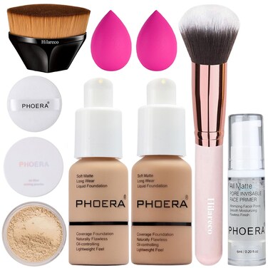Hilareco PHOERA Foundation Primer Set Kabuki Brushes Sponge Full Coverage Powder 2 Pcs 104 Buff Beige 105 Sand