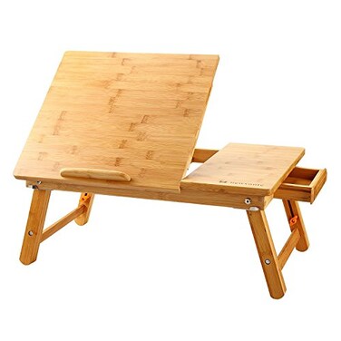 Nnewvante Laptop Desk Table Adjustable Bamboo Foldable Breakfast Serving Bed Tray w Tilting Top Drawer