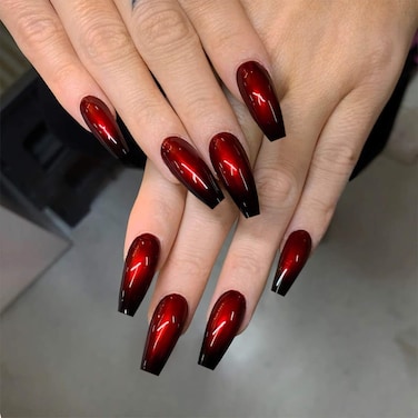 MISUD Press on Nails Long Coffin Glue on Nails with Goth Black Red Acrylic Gothic Vampire Design 24 pcs