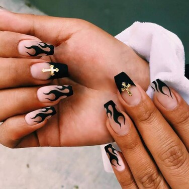MISUD Press on Nails Medium Coffin Glue on Nails with Goth Black Flame Acrylic Gothic Cross Design 24 pcs