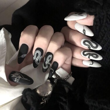 MISUD Press on Nails Medium Stiletto Glue on Nails with Goth Snake Acrylic Gothic Black White Design 24 pcs