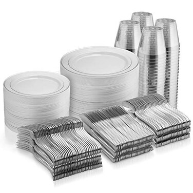 Munfix 600 Piece Dinnerware Set 100 Rimmed 10 7 Plates 300 Plastic Silverware 100 Plastic Cups Disposable Silver Set