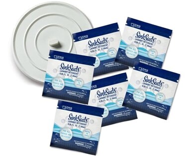 Lewis N. SinkSuds Laundry Detergent Travel Size Liquid Soap TSA Compliant Safe for All Fabrics 6 Packets 1 Sink Stopper