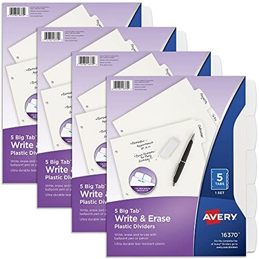 Avery Durable Plastic Write Erase Big Tab Dividers for 3 Ring Binder White 5 Tab Set 4 Packs 4 Sets Total 16370