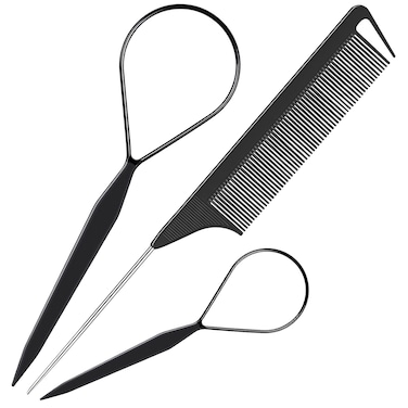 TsMADDTs 3Pack Hair Styling Tools Set with French Braid Loop Rat Tail Comb and Metal Pin Tail Braiding Comb Black