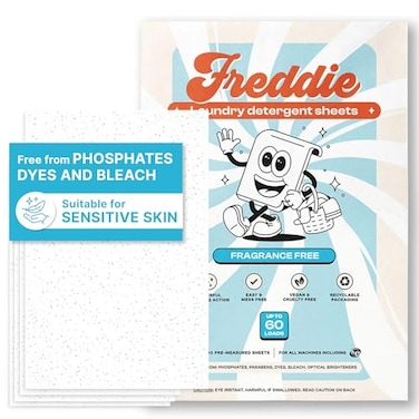 Freddie LowWaste Laundry Detergent Sheets Jug Free Format PreMeasured Strips 60 Loads Unscented for Sensitive Skin