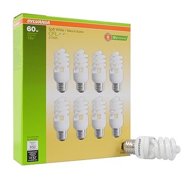 LEDVANCE Sylvania CFL T2 Twist Light Bulb 60W Equivalent Efficient 13W 850 Lumens Medium Base 2700K Soft White 8 Pack 26363