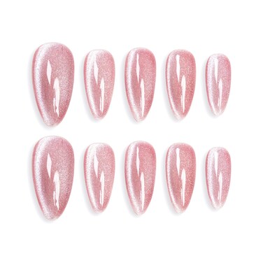 SunBeam Nails Handmade Presson Medium Long Almond Fuchsia Pink Cat Eye Design Charming False Nail Tips 10 Pcs 124 S