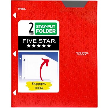 Five Star 2Pocket Folder Plastic Folder with StayPut Tabs Fits 3Ring Binder Holds 812 x 11 Paper Fire Red 333420DECM