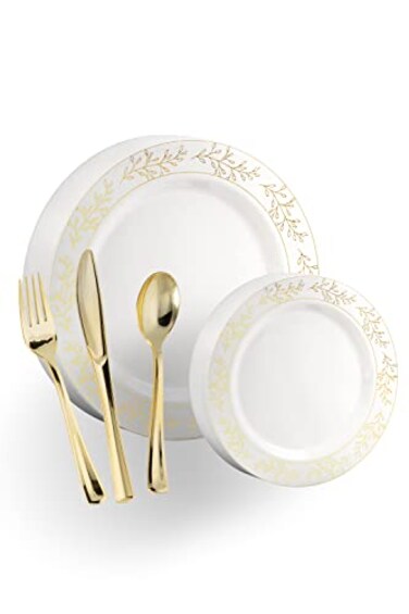 Exquisite 200 Pcs Cream Disposable Plastic Ware Includes 40 Gold Trim Dinner Dessert Plates 40 Pcs Glossy Gold Cutlery