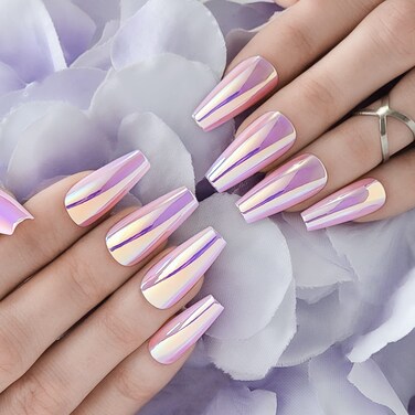 Hypnaughty 24 Pcs Party Star Chrome Coffin Medium Long Press On Nails and Glue Reflective Mirror False Nails Party Star