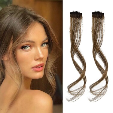 REECHO Long Side Air Bangs Wavy Curly Clip in Bangs Front Side Bangs for Women Daily Use 2 PCS Set Long TemplesLight Brown
