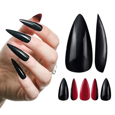 Allkem Press On Nails Black Red Bottoms Glossy Extra Long Sculpted Stiletto 2 Set Bundle 10 sizes 20 pcs Nail kit with Glue