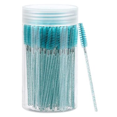 Tbestmax 100 Pcs Disposable Mascara Wands, Crystal Eyebrow Spoolies Brush for Eyelash Extensions, Lash Brushes with Container (Blue