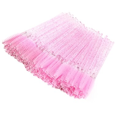 BTYMS 100 Pieces Disposable Lash Wands Eyelash Brushes with Crystal Handle Eyebrow Brushes Spoolies for Eyelash Extensions Pink