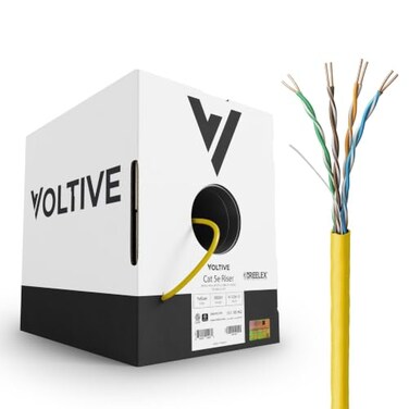 Voltive Cat5e Ethernet Cable Riser CMR Yellow 1000ft 24AWG 4 Pair Solid Bare Copper UTP 350MHz UL Certified ETL Verified V122612