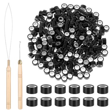 Abeillo 200Pcs Hair Extentions Beads 4mm Silicone Lined Micro Beads with Pulling Hook Needle Bead Device Tool Kits for Hair ExtensionsBlack