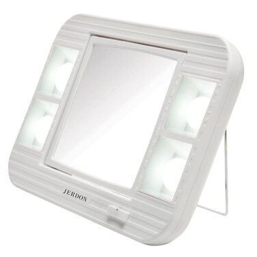 JERDON TwoSided Makeup Mirror with Lights Vanity Mirror with 5X Magnification Two Setting GlareFree Lighting White Base Model J1015