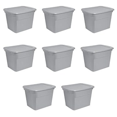 Sterilite 18 Gal Storage Tote Stackable Bin with Lid Plastic Container to Organize Clothes in Closet Basement Gray Base and Lid 8Pack