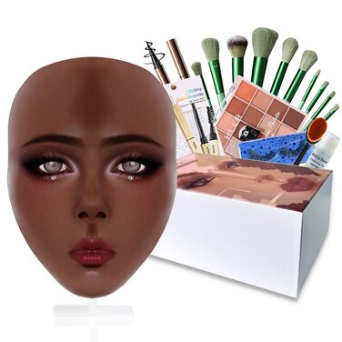 Penugo Silicone Makeup Practice Face Board Kit Mannequin Face for Makeup Practice with Brushes Set Eye Shadow Rhinestones StickerBlack