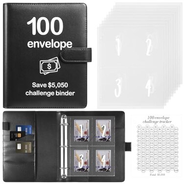 Pemocyny 100 Envelopes Money Saving Challenge Binder with Laminated Tracker Budget Binder with Cash Envelopes Easy and Fun Way to Save 5050 Black