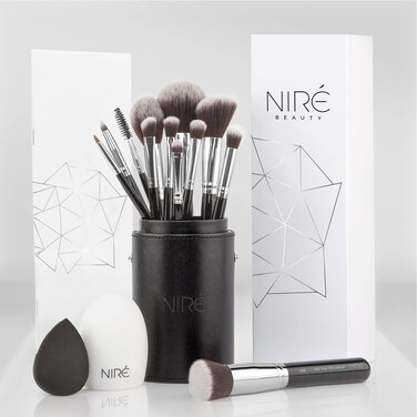 Nir Beauty 15piece Award Winning Professional Makeup Brush Set Vegan Makeup Brushes with Case Makeup Sponge Brush Cleaner Guide Gift Box