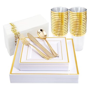 I00000 175PCS Gold Plastic Dinnerware Set Includes 25 Dinner Salad Plates 25 Gold Silverware Sets 25 Tumblers 25 Guest Towels for Wedding