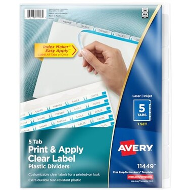 Avery 5 Tab Plastic Dividers for 3 Ring Binder Easy Print Apply Clear Label Strip Index Maker Customizable Frosted White Tabs 1 Set 11449